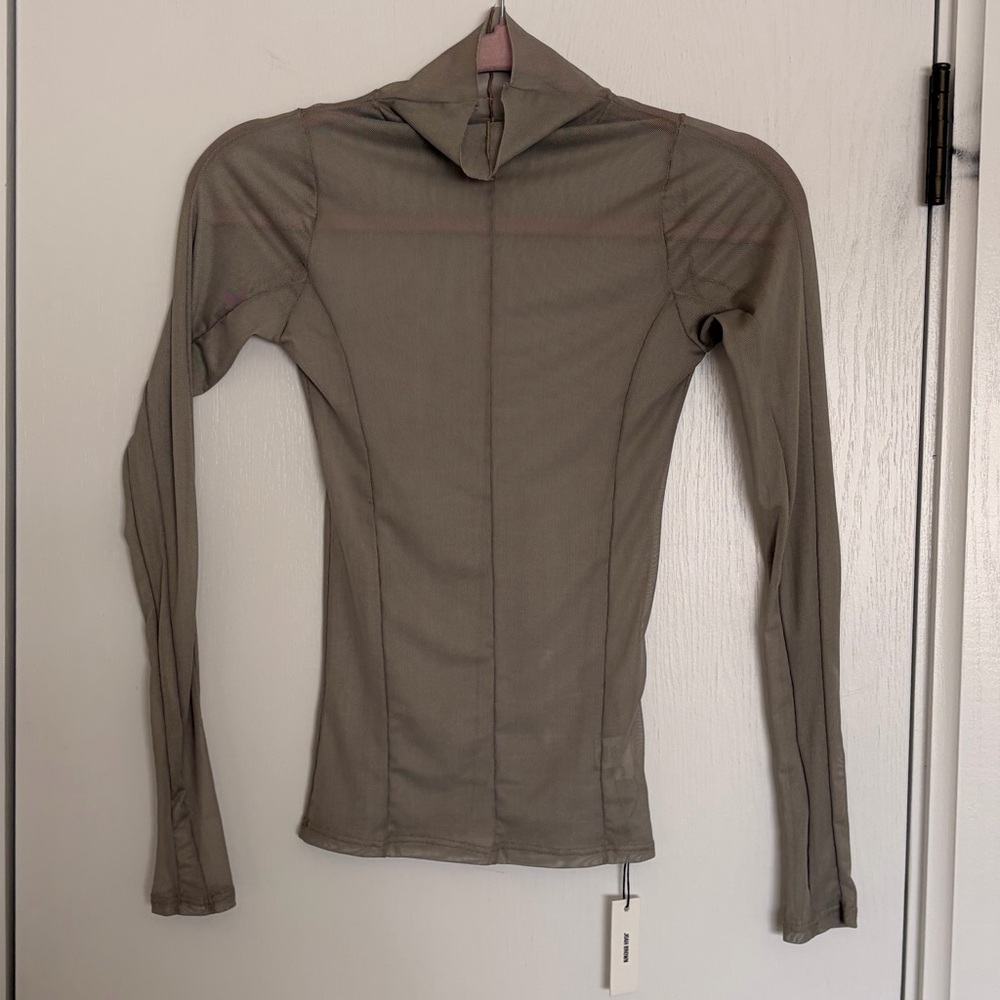 Joah Brown Taupe Sheer Long Sleeve Top